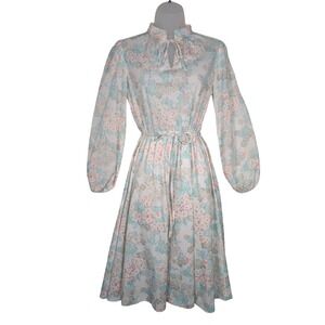 Vintage‎ Size 10 Melissa Lane Floral Dress Long Sleeve Tie Neck Sheer